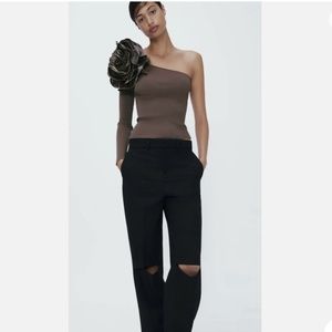 Zara One Shoulder Asymmetrical Brown Top With Velvet Floral Embellishmen…